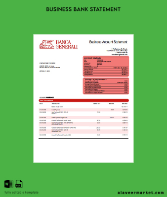 Banca Generali organization checking account Hesap Özeti Word and PDF Şablon