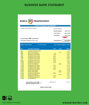 Banca Transilvania Şirket account Hesap Özeti Word and PDF Şablon