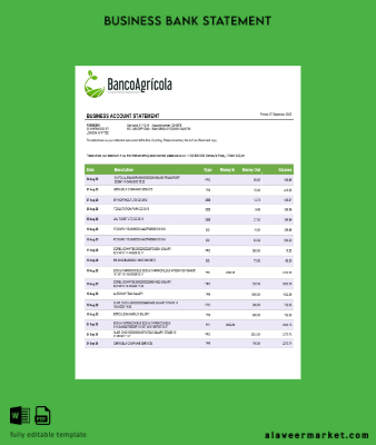 Banco Agricola İşletme account Hesap Özeti Word and PDF Şablon