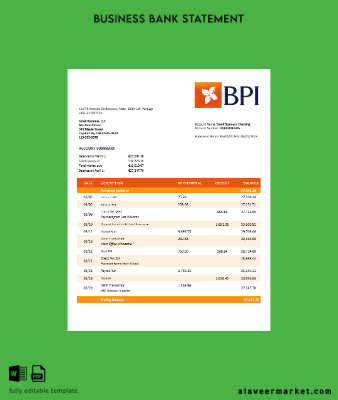 Banco BPI firm account Hesap Özeti Word and PDF Şablon
