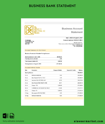 Banco Central de Küba Banka İşletme firm account Hesap Özeti Word snd PDF format