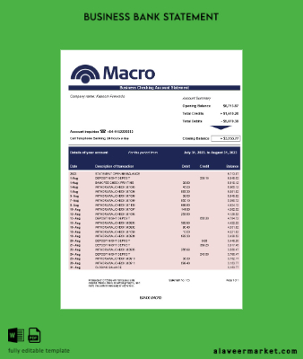 Banco Macro organization checking account Hesap Özeti Word and PDF Şablon