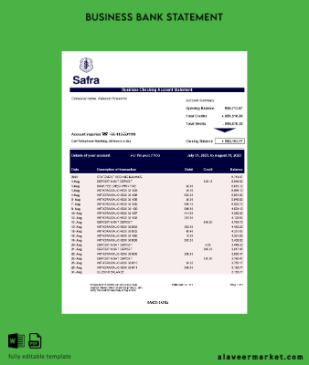 Banco Safra İşletme Hesap Özeti Word and PDF Şablon