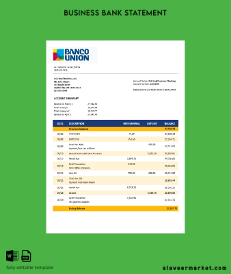 Banco Union Banka İşletme firm Hesap Özeti Word and PDF format