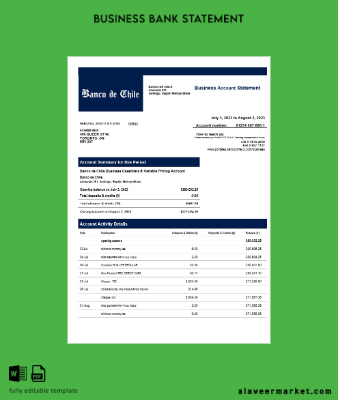 Banco de Şili organization Hesap Özeti Word and PDF Şablon