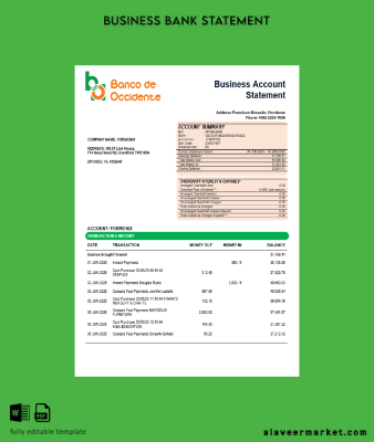 Banco de Kimlik Kartı firm account Hesap Özeti Word and PDF Şablon