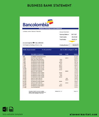 Kolombiya Banka firm Hesap Özeti Word and PDF Şablon