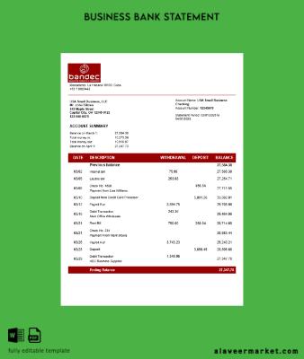 Bandec Banco de Kredi y Comercio İşletme firm account Banka Hesap Özeti Word and PDF format
