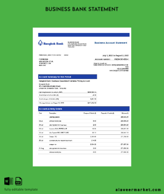 Bangkok Banka corporate checking account Hesap Özeti Word and PDF Şablon