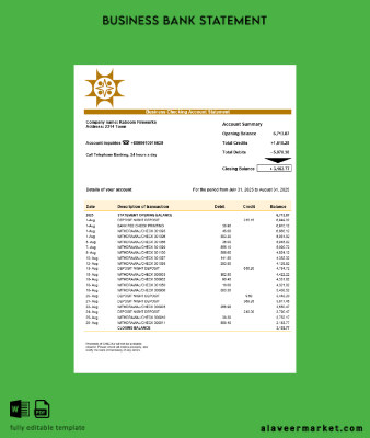 Bangladeş Sonali Şirket Hesap Özeti Word and PDF format