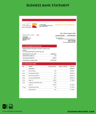 Banka Albilad enterprise Hesap Özeti Word and PDF Şablon