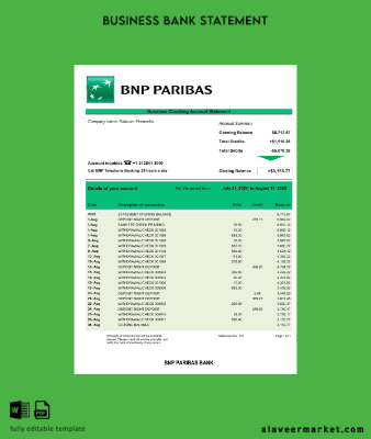 Banka BNP Paribas Şirket Hesap Özeti Word and PDF Şablon