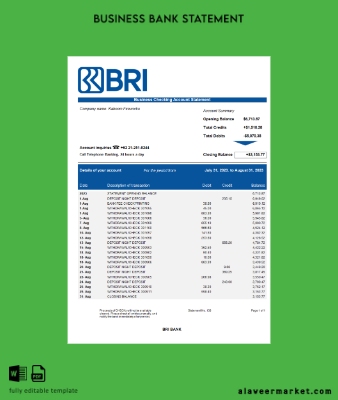 Banka BRI İşletme Banka Hesap Özeti Word and PDF Şablon