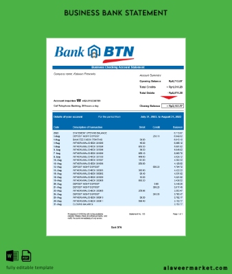 Banka BTN Şirket account Hesap Özeti Word and PDF Şablon