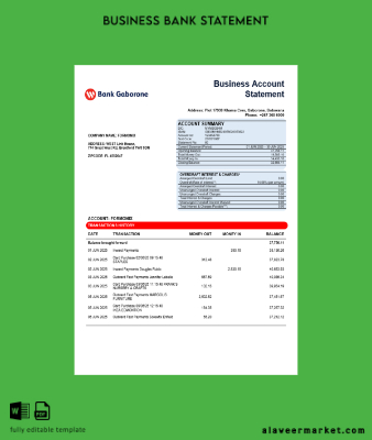 Banka Gaborone İşletme firm Hesap Özeti Word and PDF format