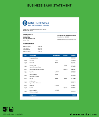 Banka Endonezya Şirket checking account Hesap Özeti Word and PDF Şablon