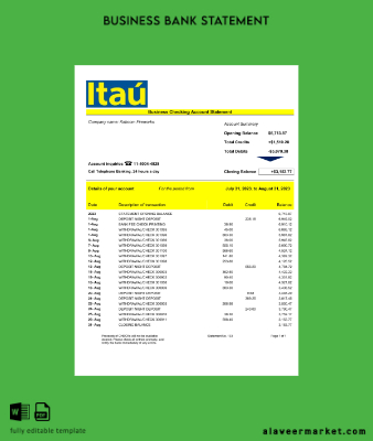 Banka Itaú enterprise account Hesap Özeti Word and PDF Şablon