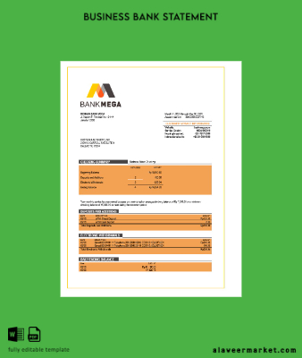 Banka Mega corporate checking account Hesap Özeti Word and PDF Şablon