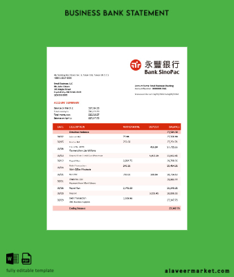Banka Sinopac enterprise account Hesap Özeti Word and PDF Şablon