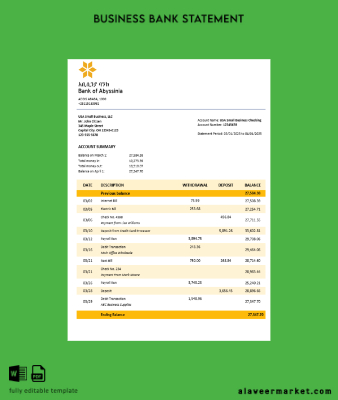 Banka of Abyssinia İşletme Banka Hesap Özeti Word and PDF format