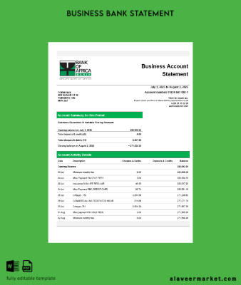 Banka of Africa Şirket checking account Hesap Özeti Word and PDF Şablon