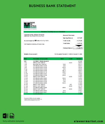 Banka of Africa corporate checking account Hesap Özeti Word and PDF Şablon