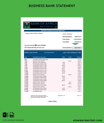 Banka of Africa enterprise account Hesap Özeti Word and PDF Şablon