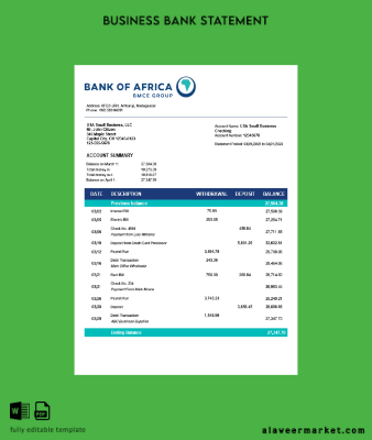 Banka of Africa organization checking account Hesap Özeti Word and PDF Şablon (1)