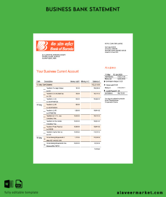 Banka of Baroda Şirket checking account Hesap Özeti Word and PDF Şablon