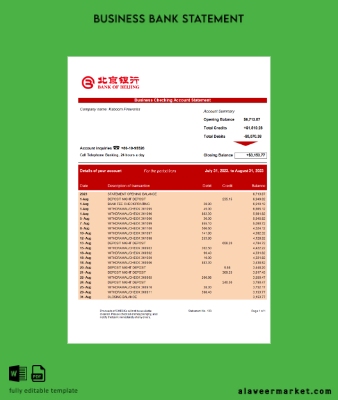 Banka of Beijing firm Hesap Özeti Word and PDF Şablon