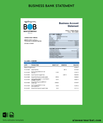 Banka of Bhutanese enterprise account Hesap Özeti Word and PDF Şablon
