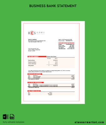 Banka of Changsha enterprise Hesap Özeti Word and PDF Şablon