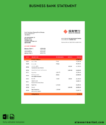 Banka of Chengdu İşletme Hesap Özeti Word and PDF Şablon
