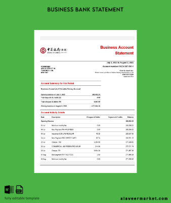 Banka of Çin Şirket checking account Hesap Özeti Word and PDF Şablon