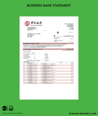 Banka of Çin enterprise Hesap Özeti Word and PDF Şablon