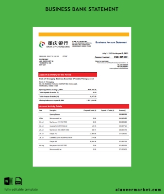 Banka of Chongqing enterprise Hesap Özeti Word and PDF Şablon