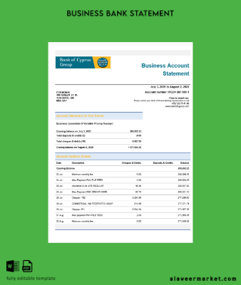Banka of Cypriot firm account Hesap Özeti Word and PDF format