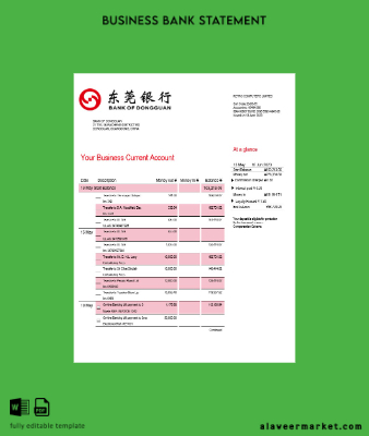 Banka of Dongguan organization account Hesap Özeti Word and PDF Şablon