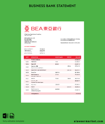 Banka of East Asia firm account Hesap Özeti Word and PDF Şablon