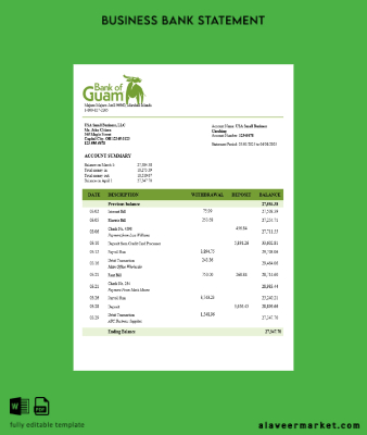 Banka of Guamanian İşletme account Hesap Özeti Word and PDF Şablon (1)