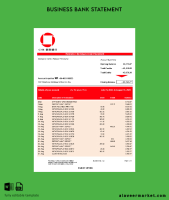 Banka of Guiyang firm account Hesap Özeti Word and PDF Şablon
