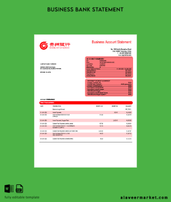 Banka of Guizhou İşletme checking account Hesap Özeti Word and PDF Şablon