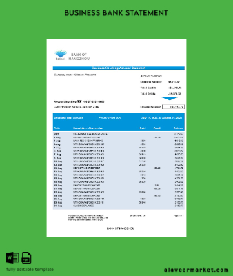Banka of Hangzhou Şirket Hesap Özeti Word and PDF Şablon