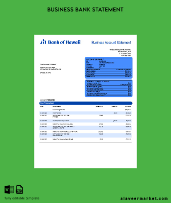 Banka of Hawaii firm account Hesap Özeti Word and PDF Şablon