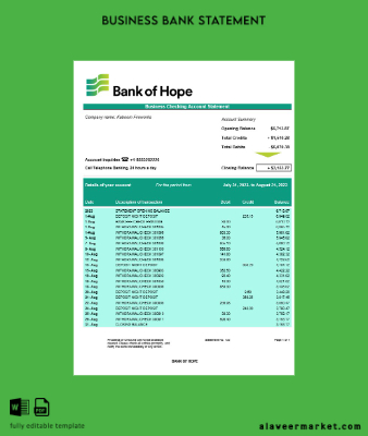 Banka of Hope Şirket checking account Hesap Özeti Word and PDF Şablon