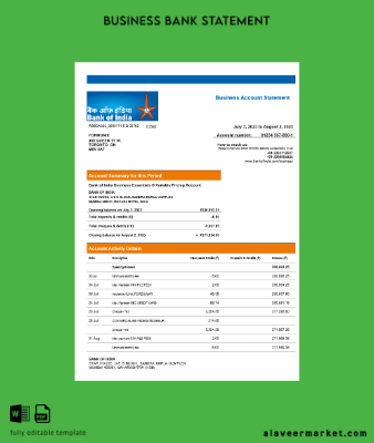Banka of Hindistan Şirket checking account Hesap Özeti Word and PDF Şablon