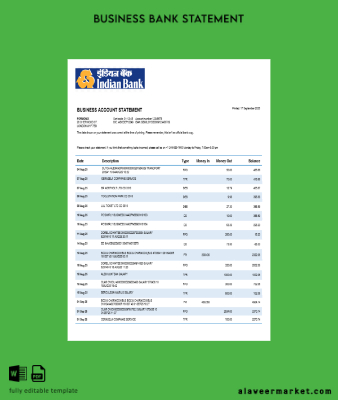 Banka of Hindistan organization checking account Hesap Özeti Word and PDF Şablon