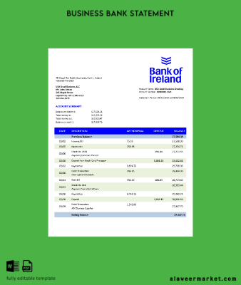 Banka of İrlanda enterprise Hesap Özeti Word and PDF Şablon