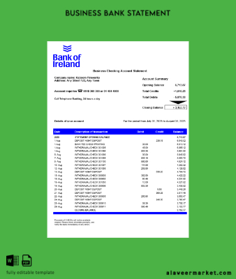Banka of Irish firm account Hesap Özeti Word and PDF Şablon