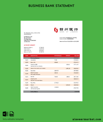 Banka of Jinzhou organization account Hesap Özeti Word and PDF Şablon